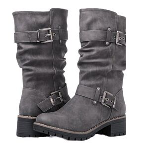 Global Win Mid-Calf Dress Biker Boots, Grey, Size 5.5, NIB